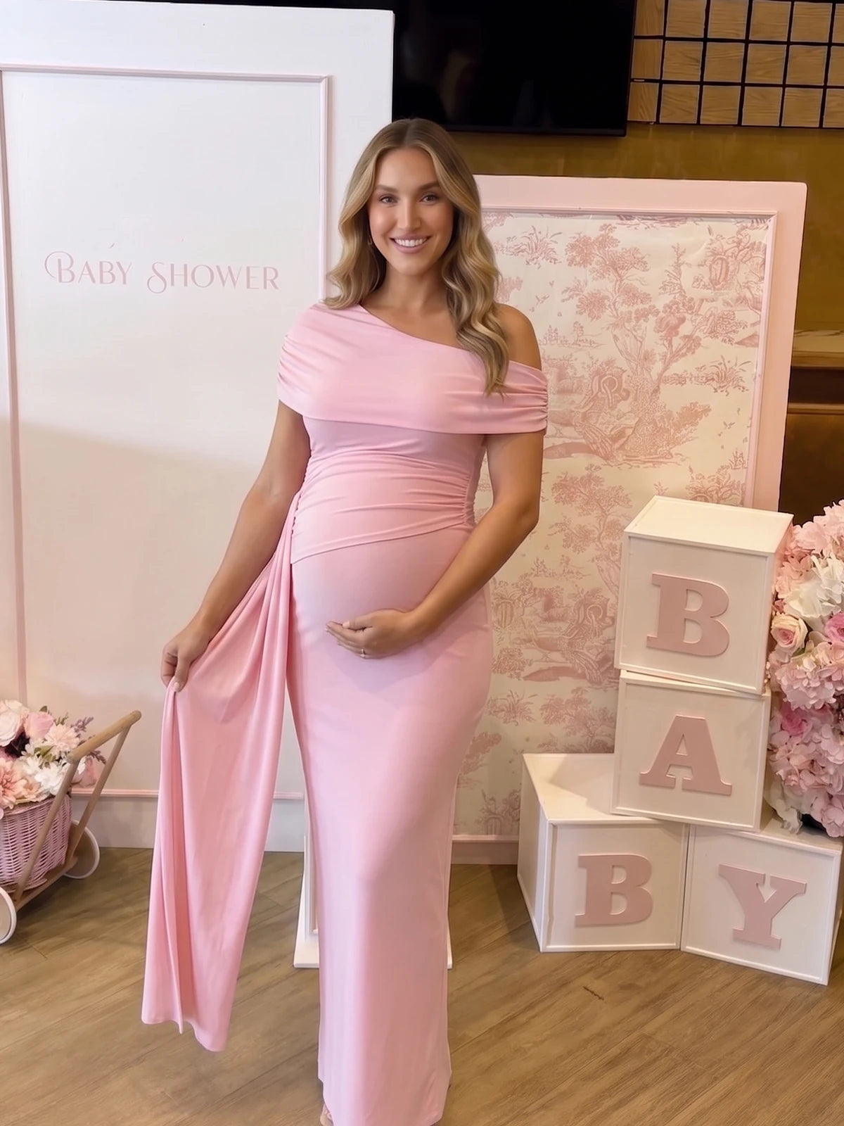 Soft Pink Off Shoulder Maternity Dress for Baby Shower | Bumplook