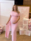Soft Pink Off Shoulder Ruched Maternity Maxi Dress