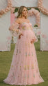 Pink Floral Maternity Dress, Embroidered Tulle Baby Shower Dress for Maternity Photoshoot, Gender Reveal, Pregnancy Announcement and Bridal Shower | Bumplook