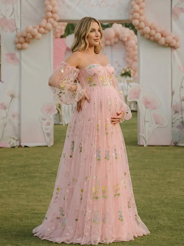 Pink Floral Maternity Dress, Embroidered Tulle Baby Shower Dress for Maternity Photoshoot, Gender Reveal, Pregnancy Announcement and Bridal Shower | Bumplook