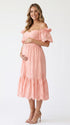 Pink Maternity Garden Party Dress, Eyelet Midi Dress for Baby Shower and Spring Summer Events | Bumplook