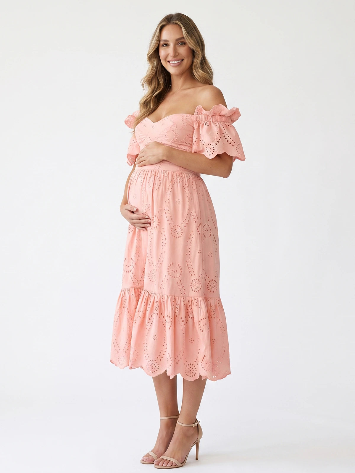 Pink Maternity Garden Party Dress, Eyelet Midi Dress for Baby Shower and Spring Summer Events | Bumplook