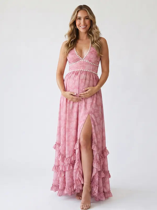 Pink Pearl Halter Maternity Dress, Sweetheart Baby Shower Maternity Maxi Dress for Baby Shower, Maternity Photoshoot, Gender Reveal, Pregnancy Announcement, Wedding Guest, Bridal Shower, Formal Events | Bumplook