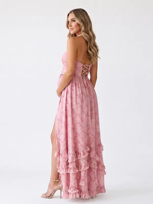 Pink Pearl Halter Maternity Dress, Sweetheart Baby Shower Maternity Maxi Dress for Baby Shower, Maternity Photoshoot, Gender Reveal, Pregnancy Announcement, Wedding Guest, Bridal Shower, Formal Events | Bumplook
