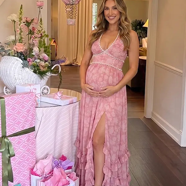 Pink Pearl Halter Maternity Dress, Sweetheart Baby Shower Maternity Maxi Dress for Baby Shower, Maternity Photoshoot, Gender Reveal, Pregnancy Announcement, Wedding Guest, Bridal Shower, Formal Events | Bumplook