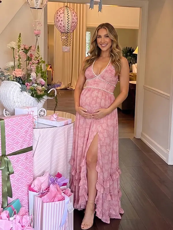 Pink Pearl Halter Maternity Dress, Sweetheart Baby Shower Maternity Maxi Dress for Baby Shower, Maternity Photoshoot, Gender Reveal, Pregnancy Announcement, Wedding Guest, Bridal Shower, Formal Events | Bumplook
