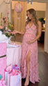 Pink Pearl Halter Maternity Dress, Sweetheart Baby Shower Maternity Maxi Dress for Baby Shower, Maternity Photoshoot, Gender Reveal, Pregnancy Announcement, Wedding Guest, Bridal Shower, Formal Events | Bumplook