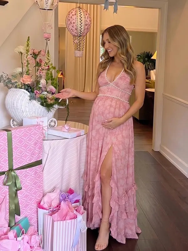 Pink Pearl Halter Maternity Dress, Sweetheart Baby Shower Maternity Maxi Dress for Baby Shower, Maternity Photoshoot, Gender Reveal, Pregnancy Announcement, Wedding Guest, Bridal Shower, Formal Events | Bumplook