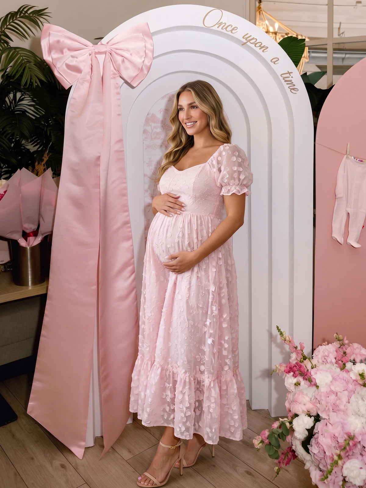 Blush Pink Puff Sleeve Maternity Dress with Flowing Skirt | Bumplook