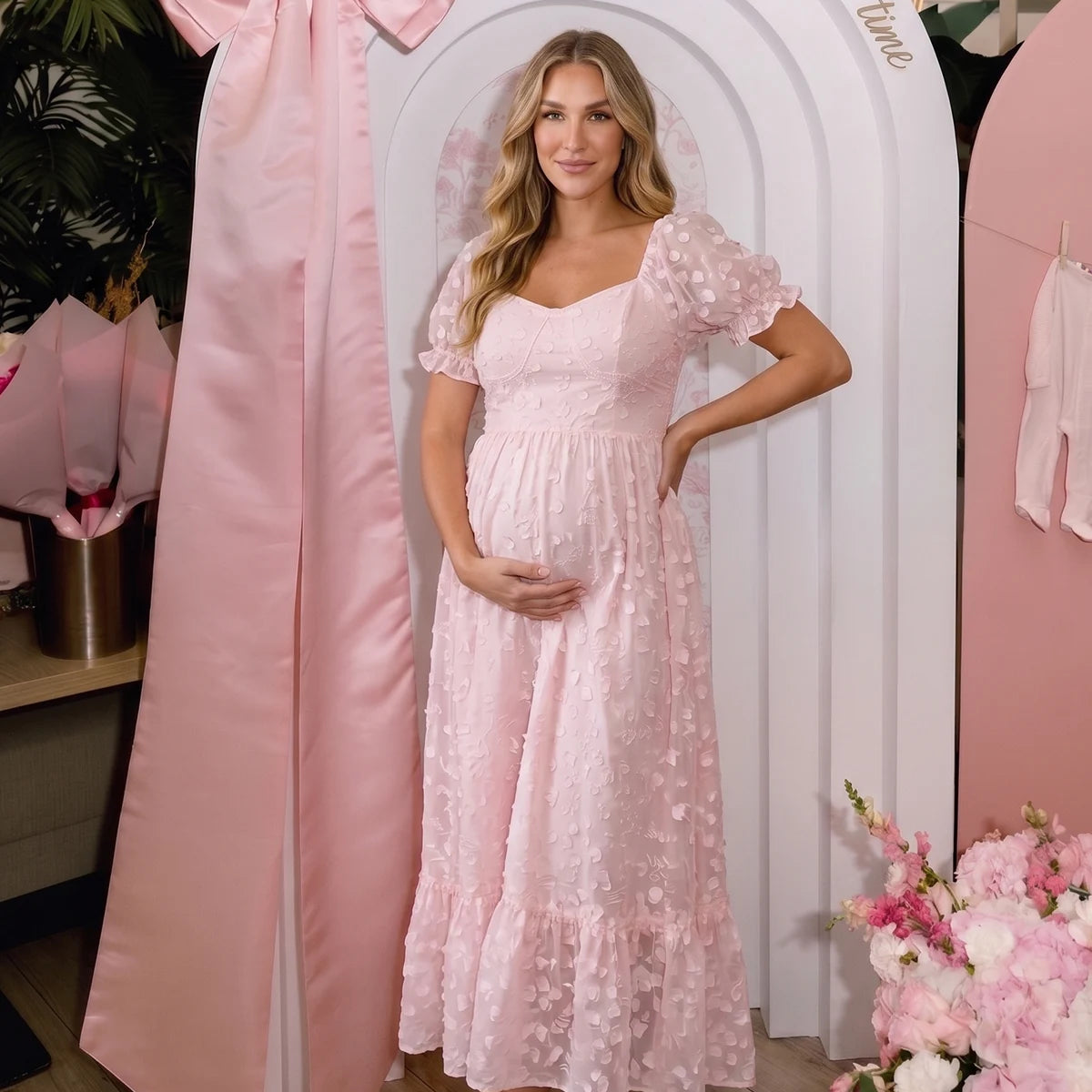 Pink Plus Size Maternity Dress with Puff Sleeves | Bumplook