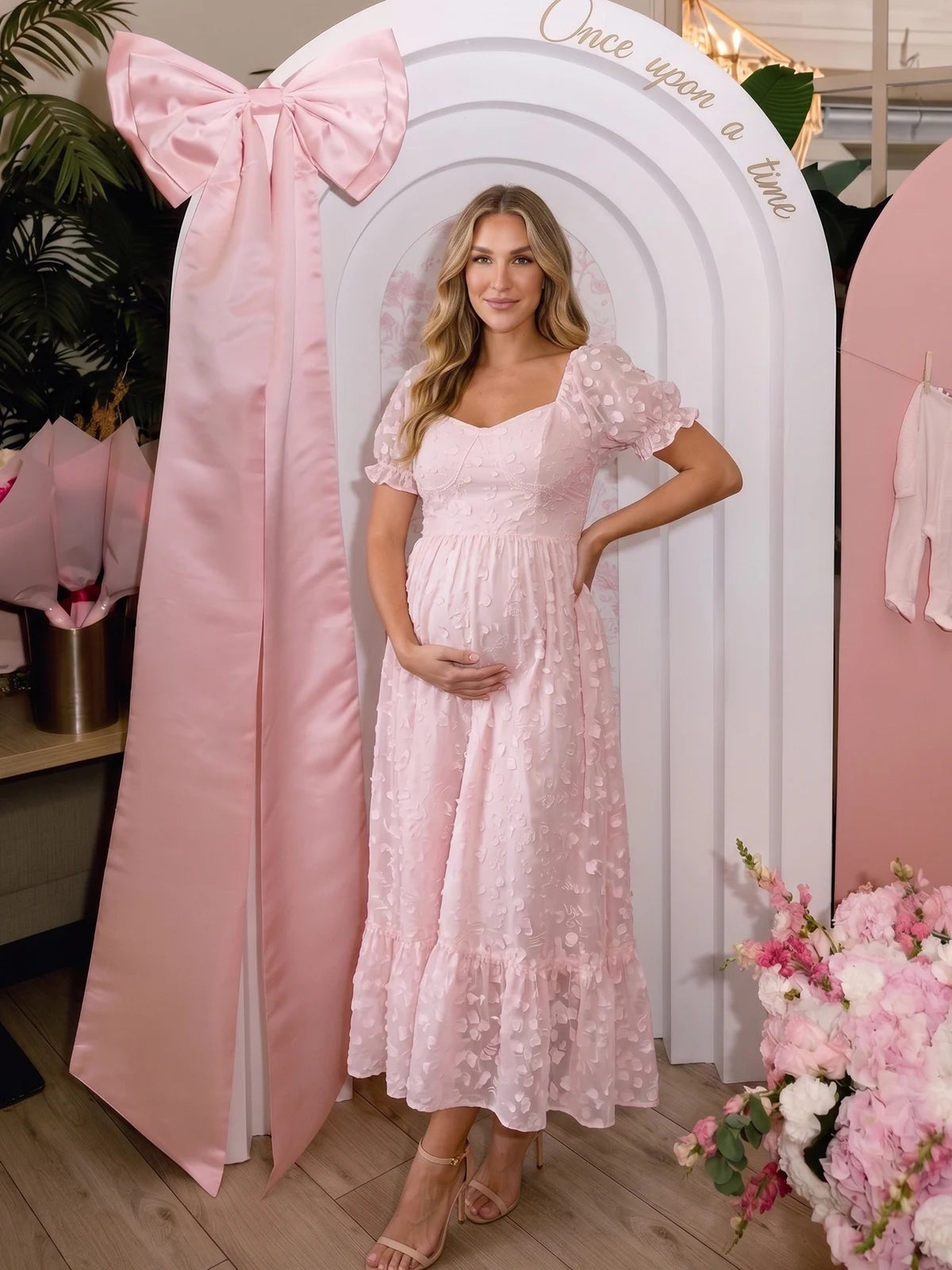 Pink Plus Size Maternity Dress with Puff Sleeves | Bumplook