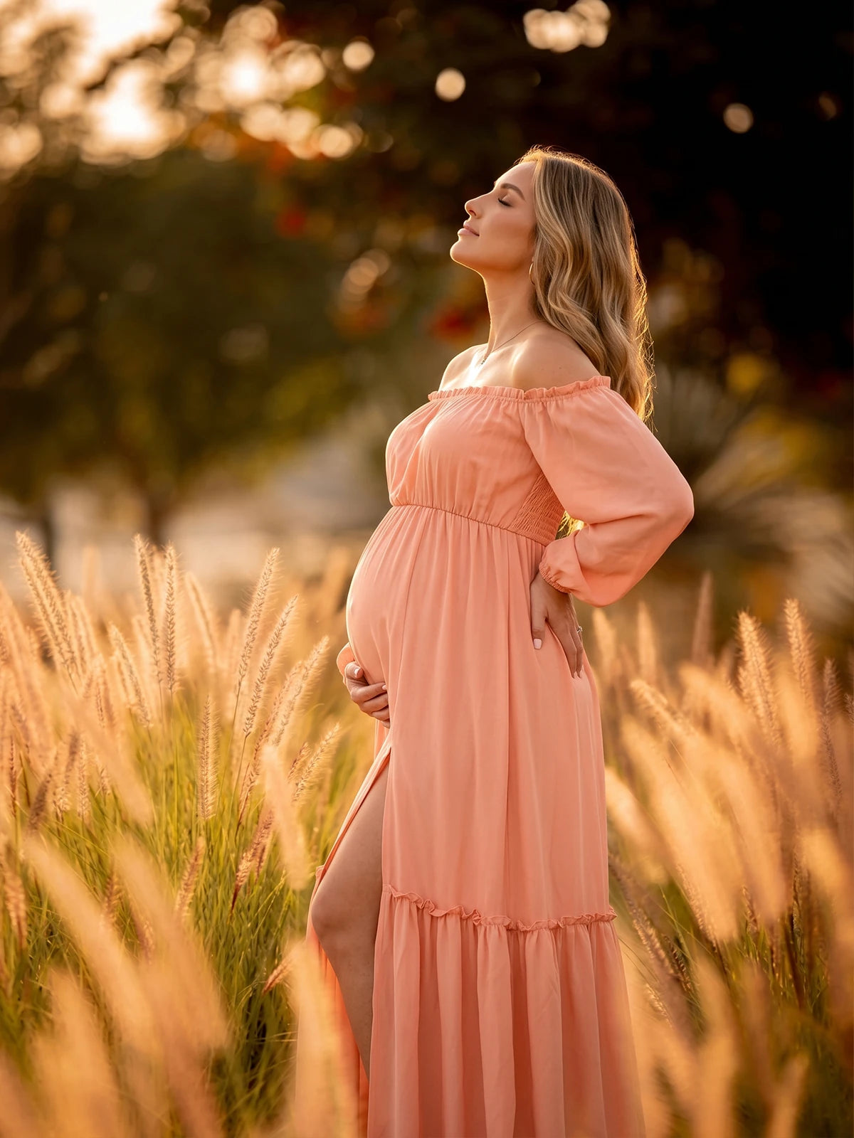 Peach Pink Long Sleeve Maternity Dress, Pregnancy Dress for Baby Shower, Maternity Photoshoot, Gender Reveal, Pregnancy Announcement, Special Events | Bumplook