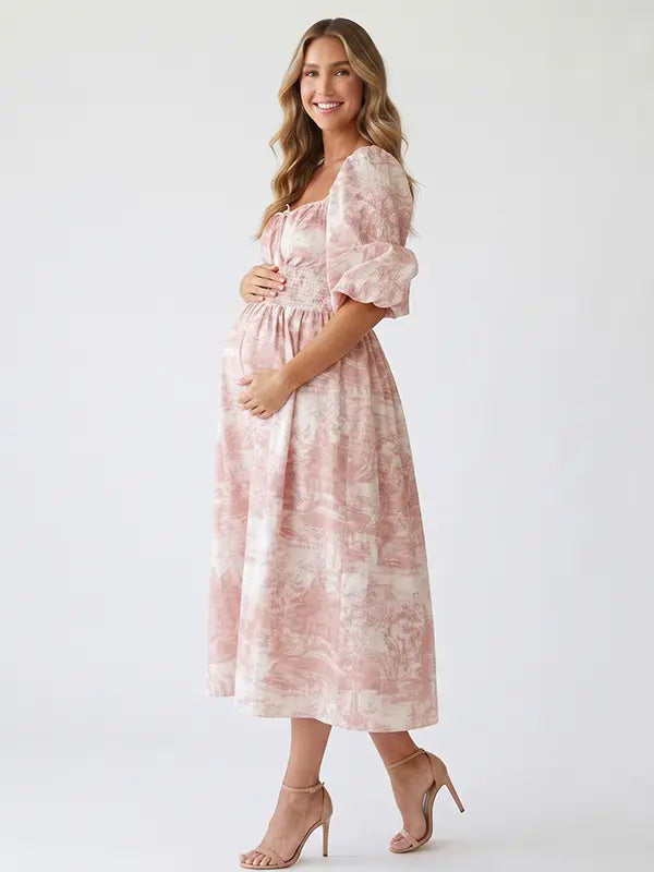 Pink Puff Sleeve Maternity Dress with Flowing Pregnancy Silhouette | Bumplook