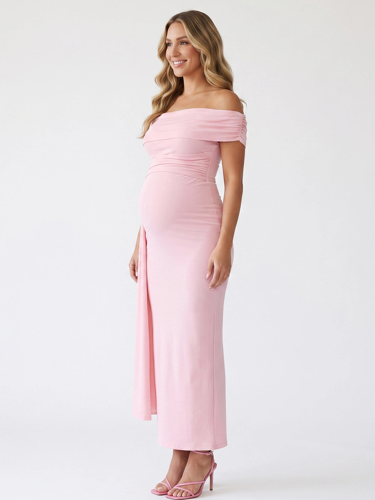 Pink Off Shoulder Baby Shower Maternity Dress with Side Ruching | Bumplook
