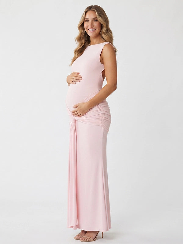 Pink Ruched Maternity Dress with Fitted Floor-Length Silhouette | Bumplook