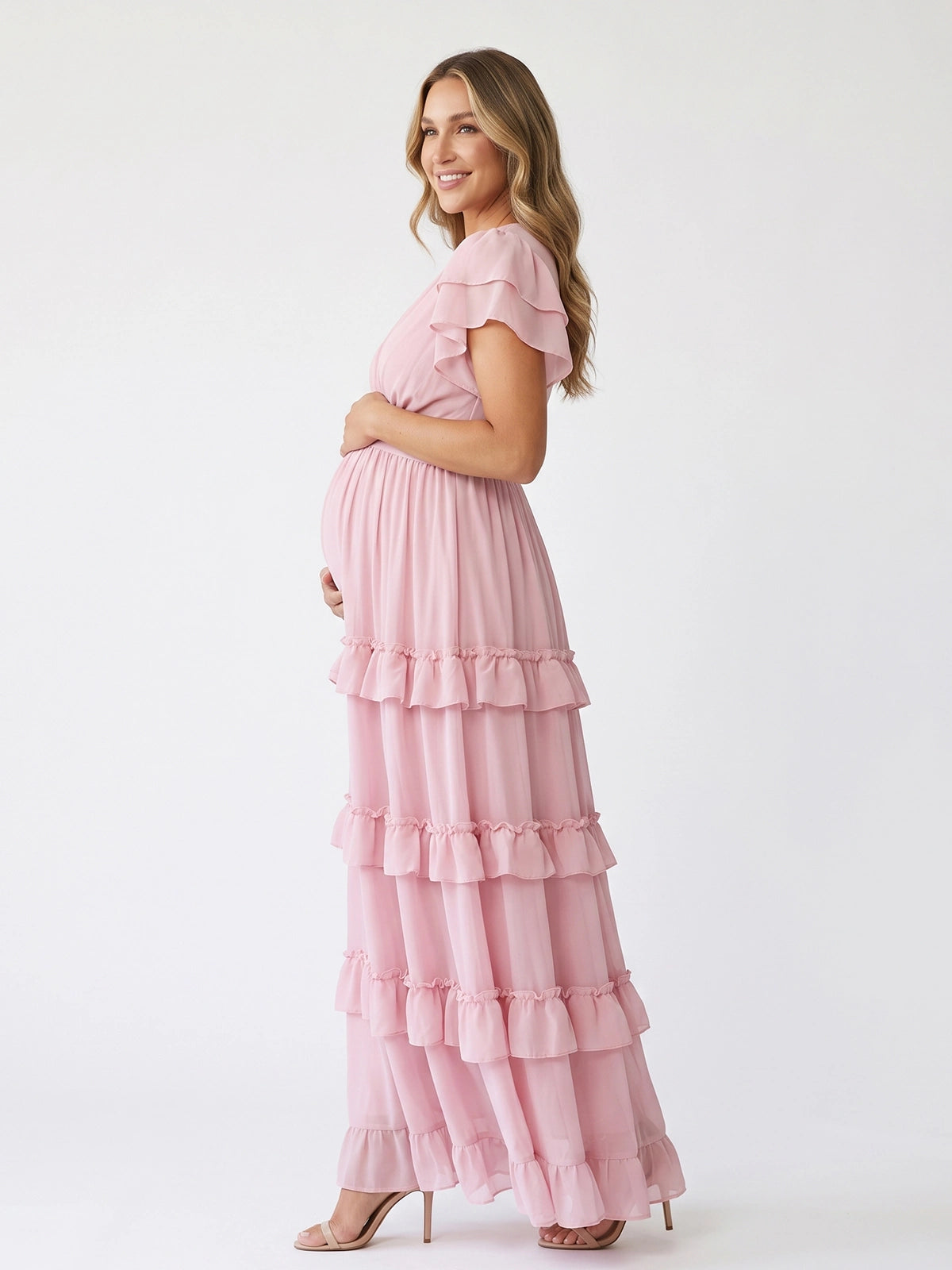 Pink Flutter Sleeve Maternity Dress, Ruffle Maxi Dress for Baby Shower, Maternity Photoshoot, Gender Reveal, Special Events | Bumplook