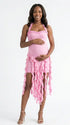 pink ruffle maternity dress with halter neckline and asymmetrical frill hem