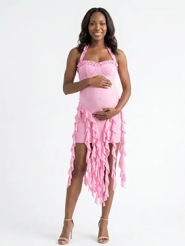 pink ruffle maternity dress with halter neckline and asymmetrical frill hem