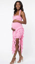 pink ruffle maternity dress with halter neckline and asymmetrical frill hem