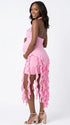 pink ruffle maternity dress with halter neckline and asymmetrical frill hem