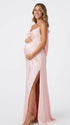 Blush Pink Satin Maternity Maxi Dress with Cowl Neck, High Slit and Open Back for Baby Shower and Maternity Photoshoot | Bumplook