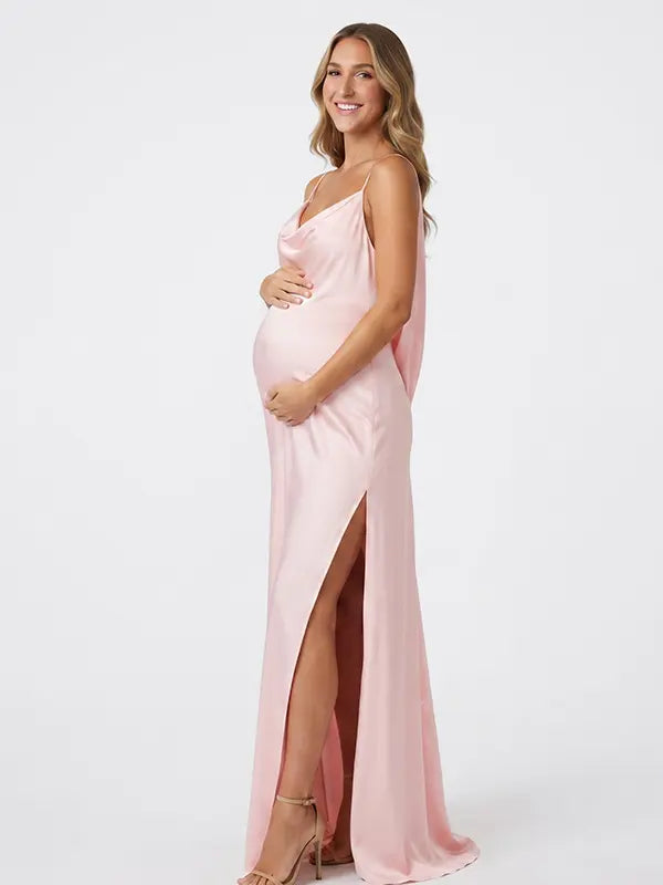 Blush Pink Satin Maternity Maxi Dress with Cowl Neck, High Slit and Open Back for Baby Shower and Maternity Photoshoot | Bumplook