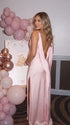 Blush Pink Satin Maternity Maxi Dress with Cowl Neck, High Slit and Open Back for Baby Shower and Maternity Photoshoot | Bumplook