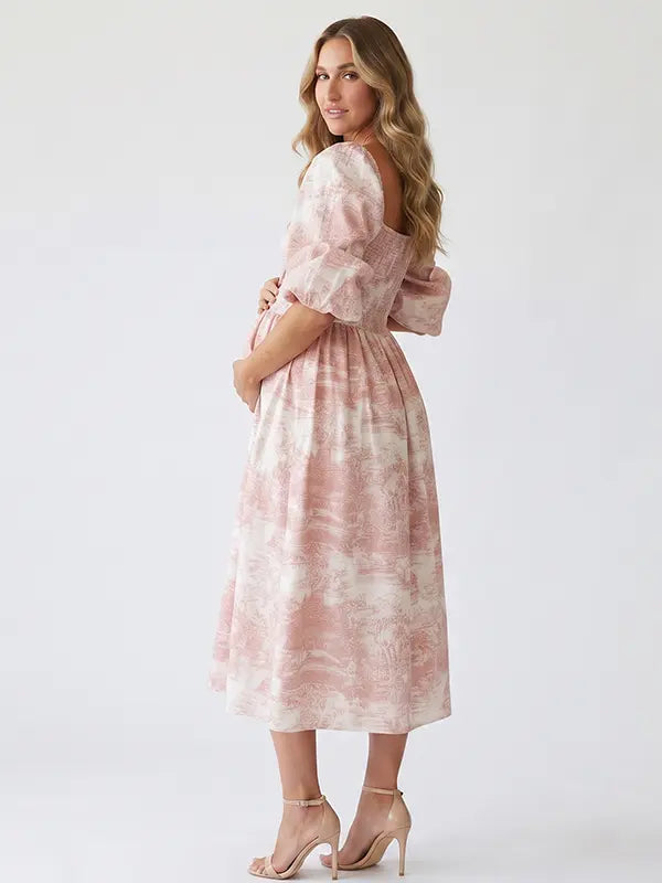 Pink Smocked Maternity Dress with Vintage Toile Print | Bumplook