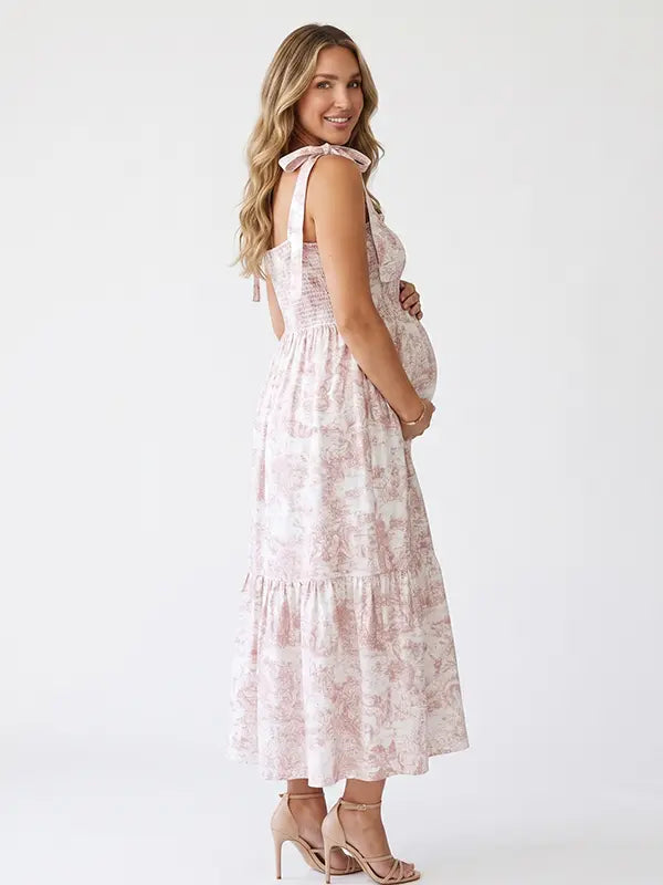 Pink Smocked Pregnancy Dress with Tiered Maxi Skirt | Bumplook