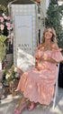 Pink Eyelet Maternity Midi Dress, Off Shoulder Baby Shower Dress with Scalloped Hem | Bumplook