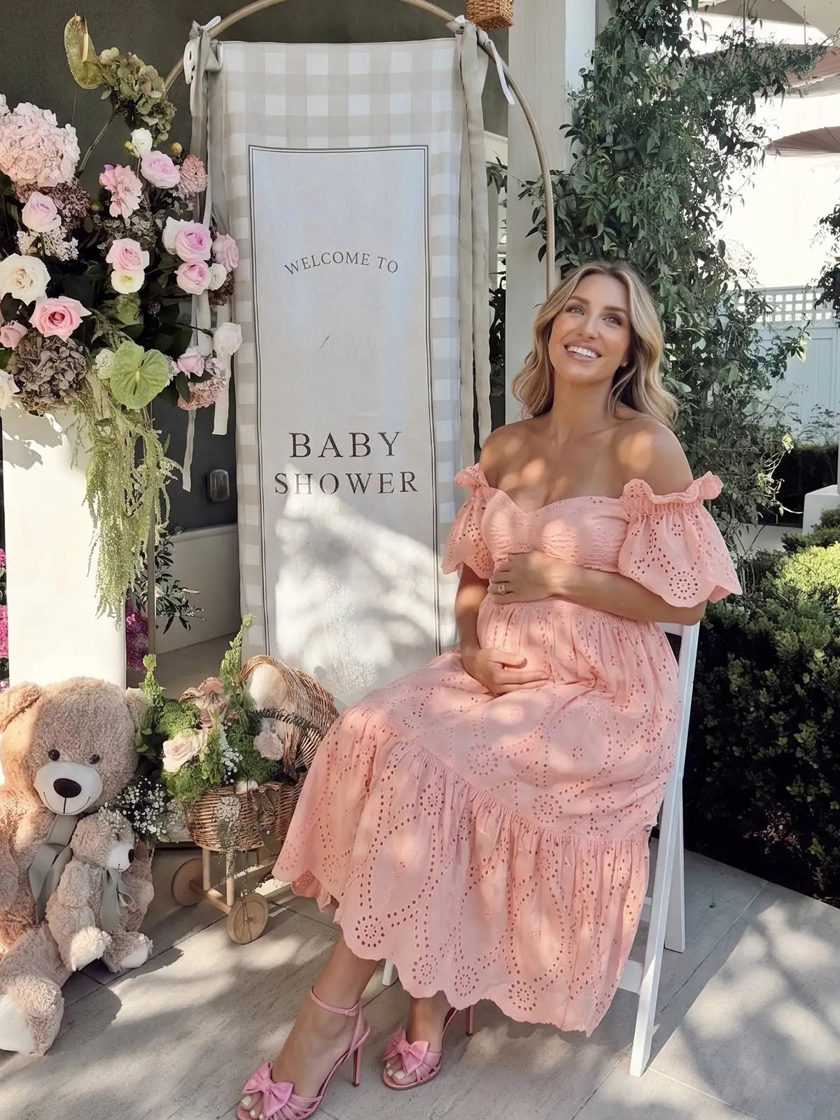 Pink Eyelet Maternity Midi Dress, Off Shoulder Baby Shower Dress with Scalloped Hem | Bumplook
