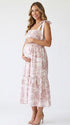 Pink Tie Shoulder Maternity Dress with Square Neck and Flowing Skirt | Bumplook