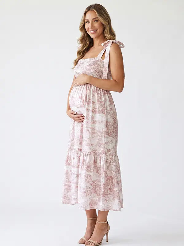 Pink Tie Shoulder Maternity Dress with Square Neck and Flowing Skirt | Bumplook