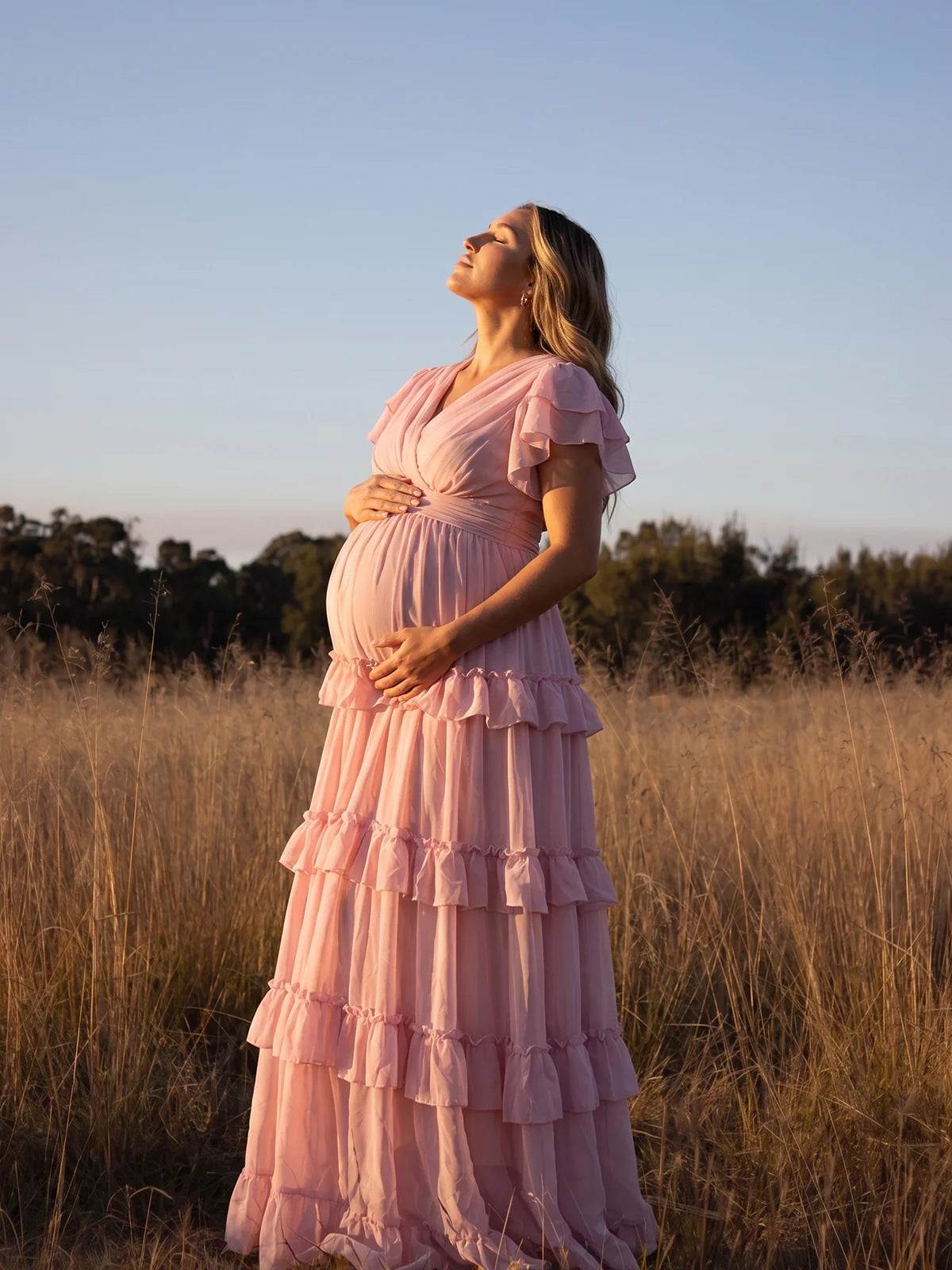 Pink Ruffle Maternity Maxi Dress, Baby Shower Dress for Maternity Photoshoot, Gender Reveal, Pregnancy Announcement, Special Events | Bumplook