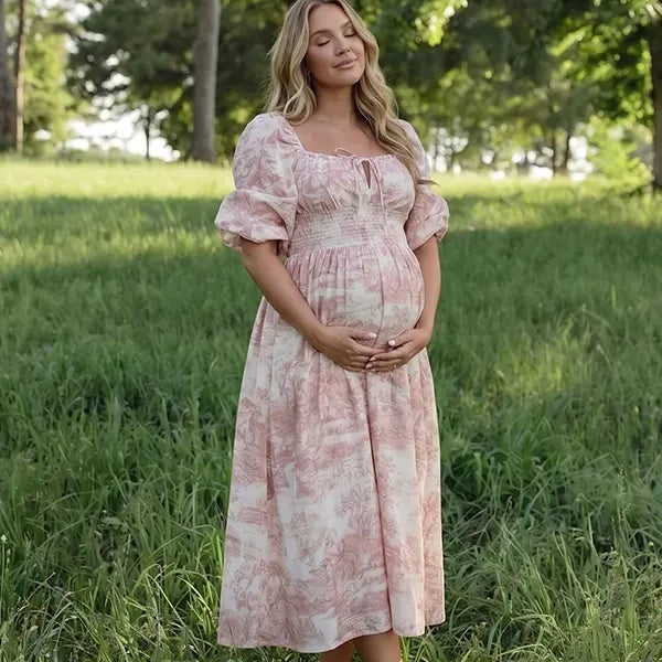 Pink Toile Maternity Dress for Pink Baby Shower | Bumplook