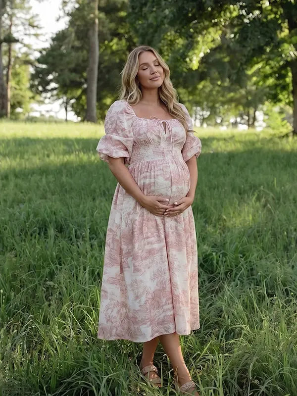 Pink Toile Maternity Dress for Pink Baby Shower | Bumplook