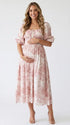 Pink Toile Maternity Dress with Puff Sleeves and Smocked Bodice | Bumplook