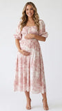 Pink Toile Maternity Dress with Puff Sleeves and Smocked Bodice | Bumplook