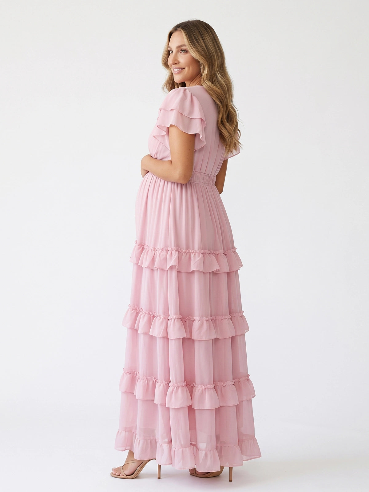 Pink Flutter Sleeve Maternity Dress, Ruffle Maxi Dress for Baby Shower, Maternity Photoshoot, Gender Reveal, Special Events | Bumplook