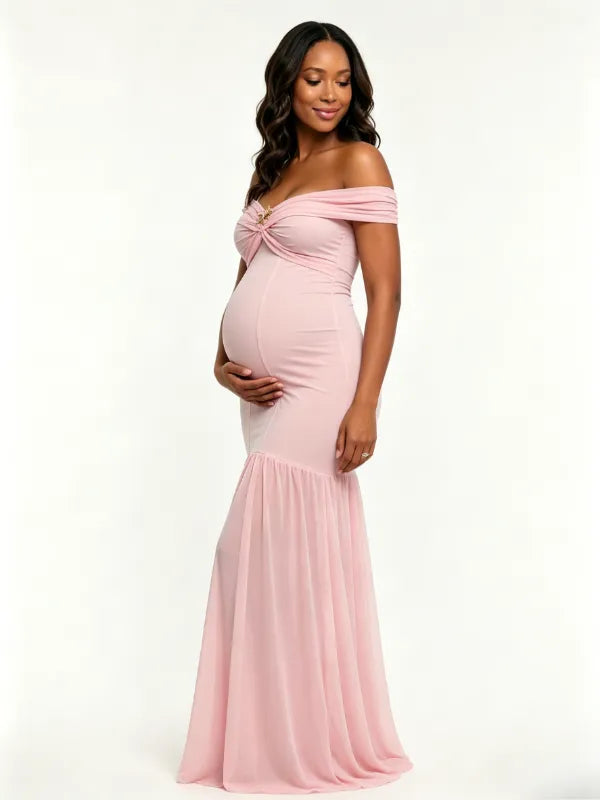 Pink Off Shoulder Ruched Mermaid Elegant Maternity Maxi Gown