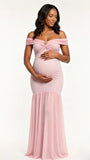 Pink Off Shoulder Ruched Mermaid Elegant Maternity Maxi Gown