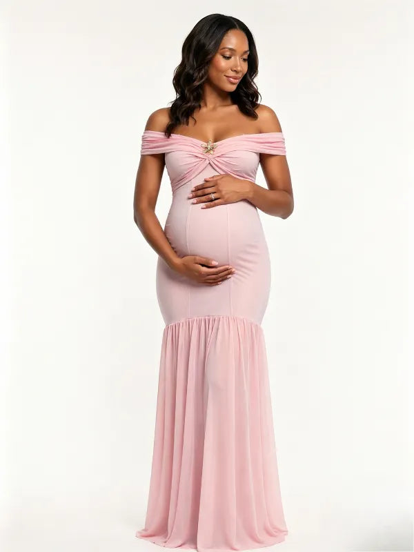 Pink Off Shoulder Ruched Mermaid Elegant Maternity Maxi Gown