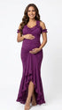 Plum ruffle halter maternity maxi dress with flattering ruching and flowing high-low hem