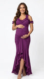 Plum ruffle halter maternity maxi dress with flattering ruching and flowing high-low hem