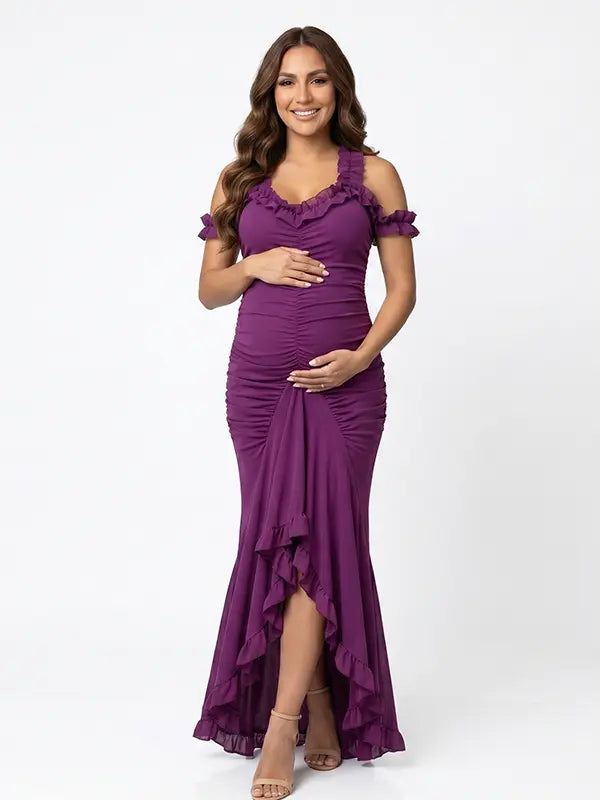 Plum ruffle halter maternity maxi dress with flattering ruching and flowing high-low hem
