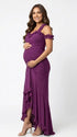 Plum ruffle halter maternity maxi dress with flattering ruching and flowing high-low hem