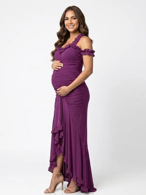 Plum ruffle halter maternity maxi dress with flattering ruching and flowing high-low hem