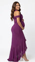 Plum ruffle halter maternity maxi dress with flattering ruching and flowing high-low hem