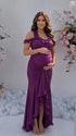 Plum ruffle halter maternity maxi dress with flattering ruching and flowing high-low hem