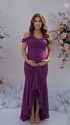 Plum ruffle halter maternity maxi dress with flattering ruching and flowing high-low hem